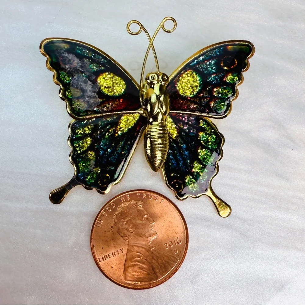 Vintage Multicolor Butterfly Brooch Gold Tone Statement Pin